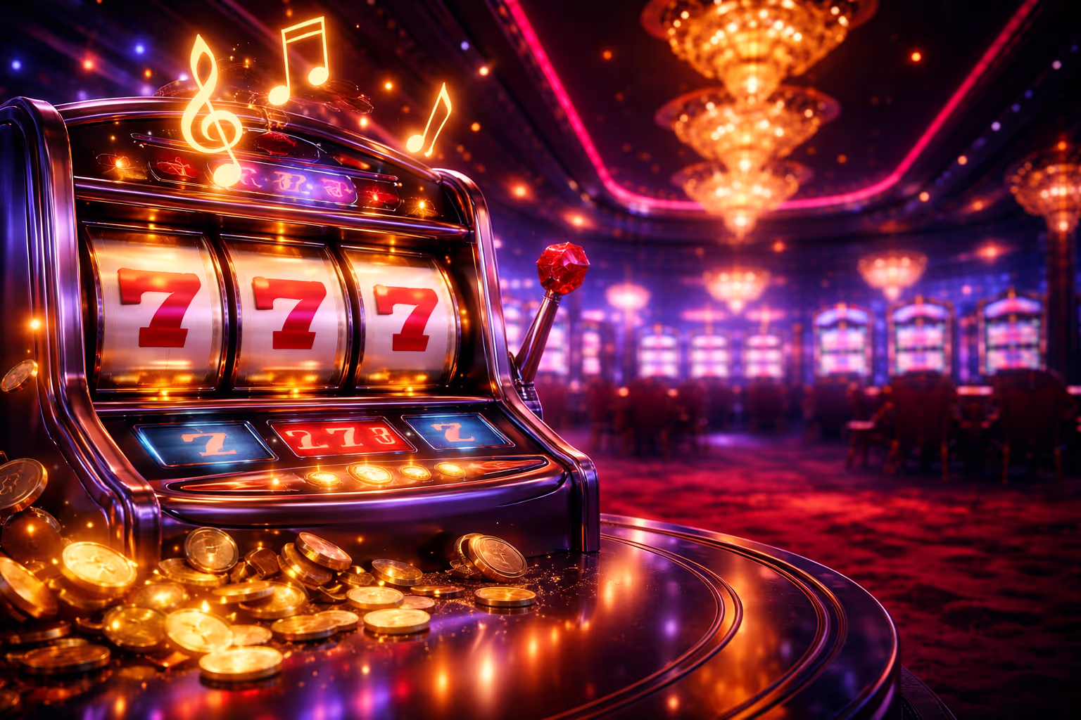 Vibrant slot reels surrounded by glowing musical notes and sound waves creating emotional auditory illusions