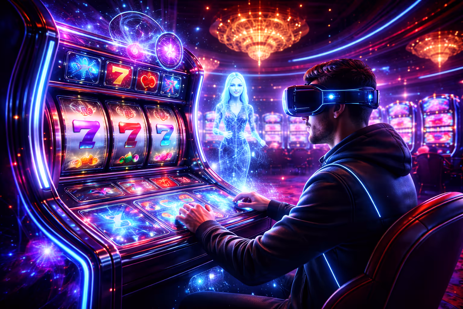 Futuristischer VR-Spieler in einer leuchtenden KI-gesteuerten Slot-Welt mit holografischen Walzen und Neon-Gewinnen